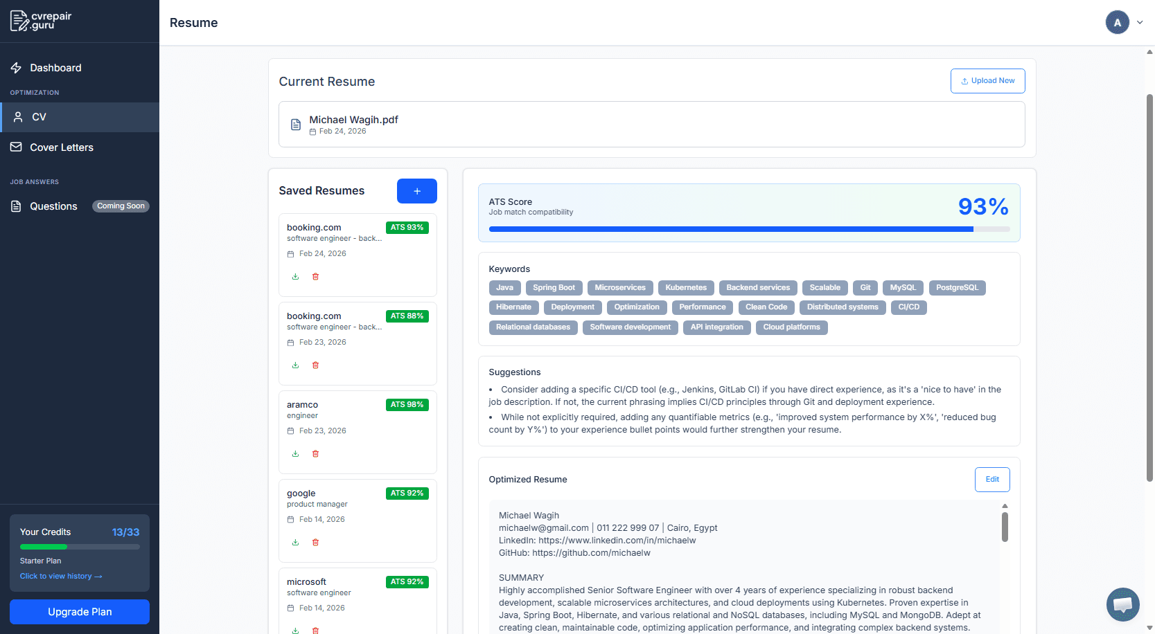 CV Repair Guru Dashboard Demo - Saudi Arabia ATS CV Optimizer