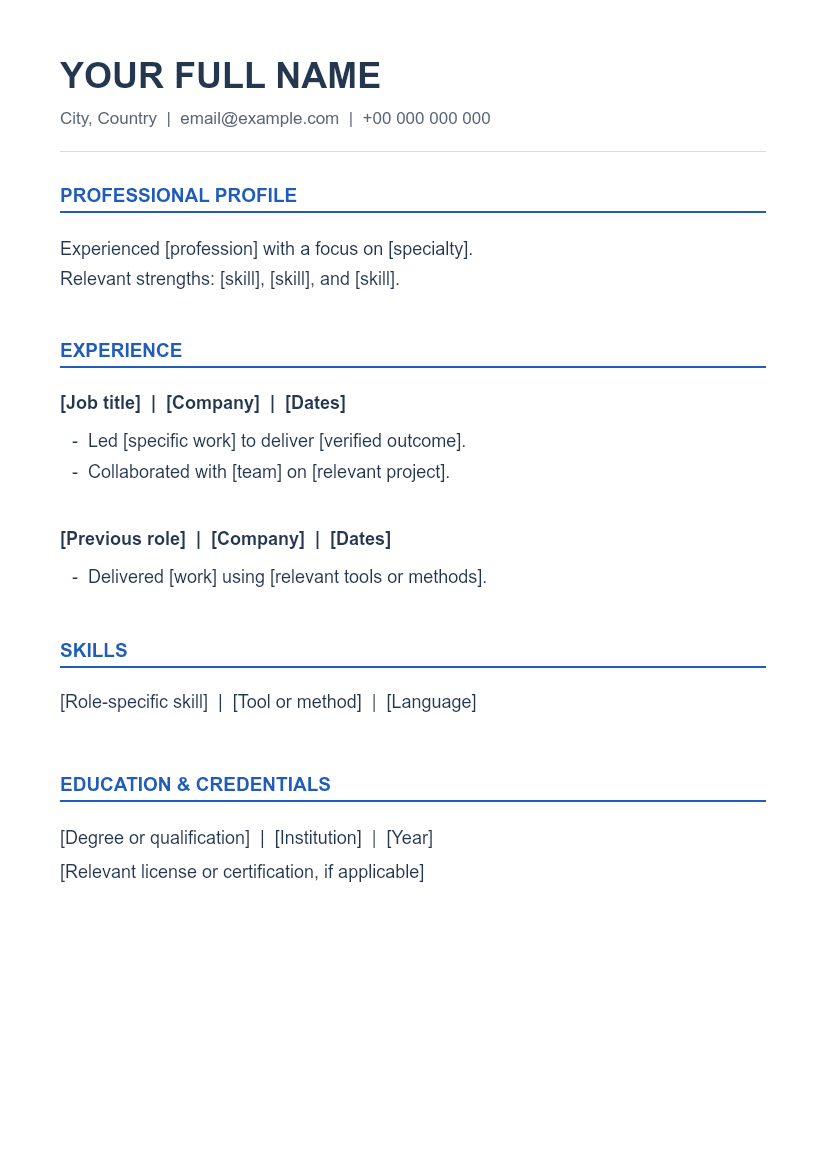 Preview of a clean single-column CV