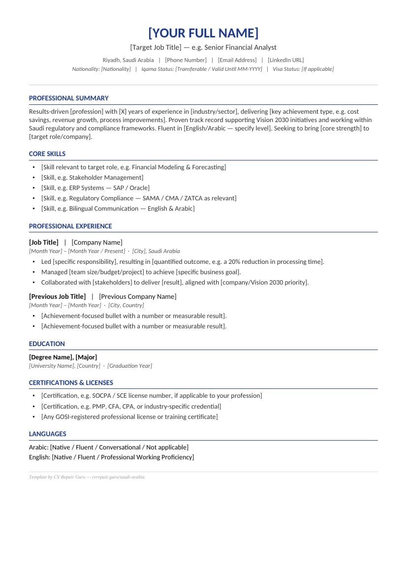 Preview of the free Saudi Arabia CV template, showing a clean single-column resume layout